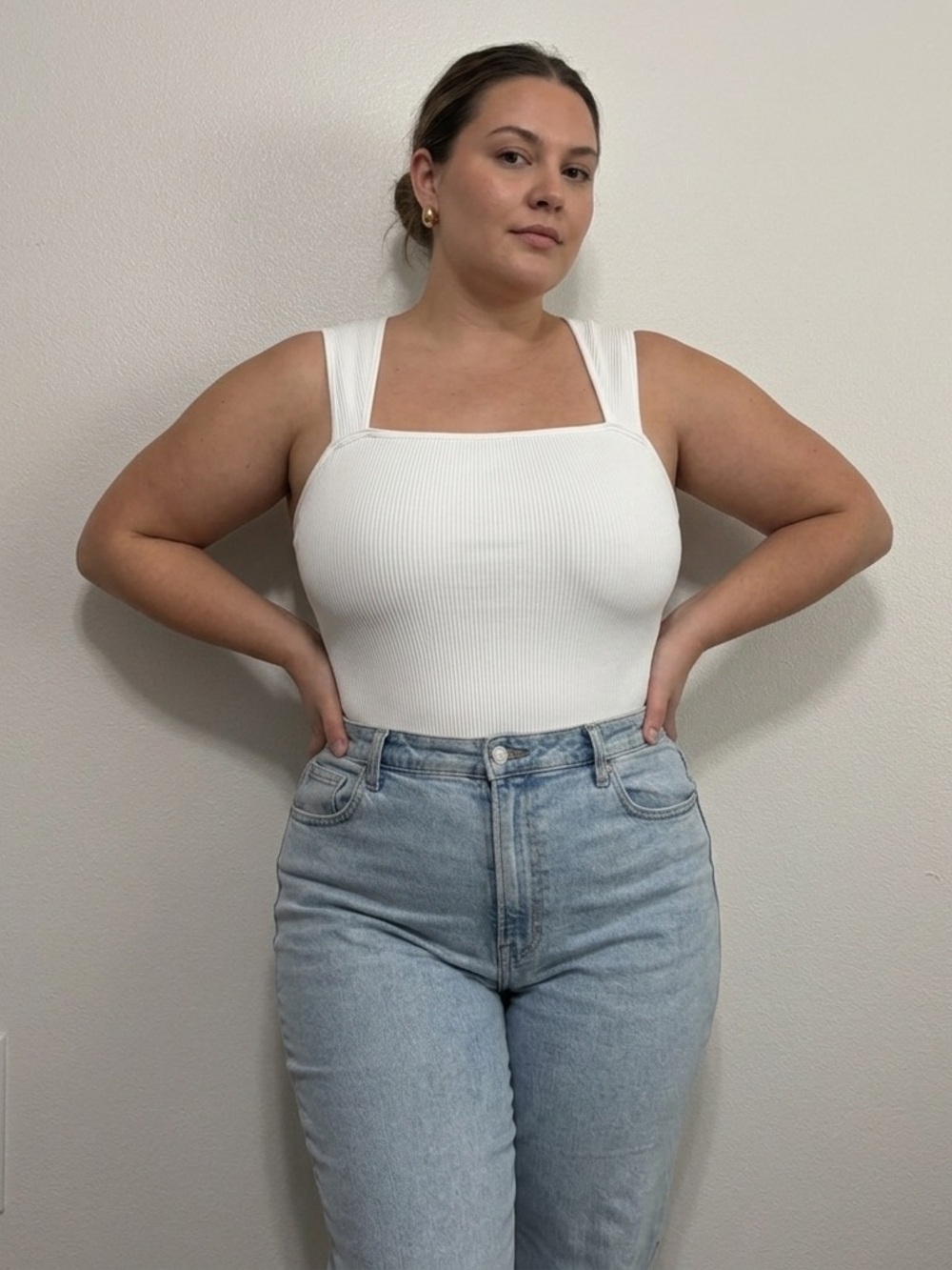 OQQ Women’s Square Neck Ribbed Tank Top Boudysit- White XXL